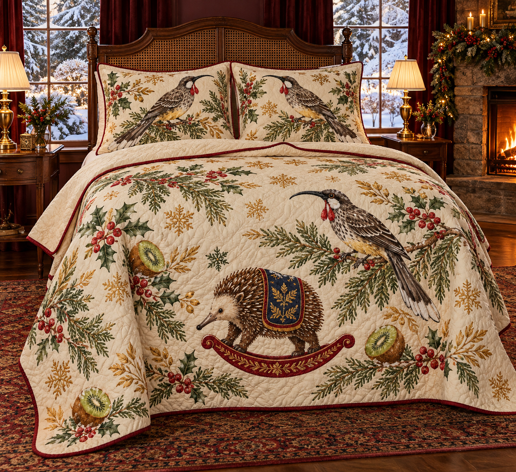Wattlebird Kiwi Rocking Echidna quilt and two matching bird shams flat printed red-wattled streaked bird brown spiny rocking echidna kiwis cranberry binding sewn channels folded reverse in Christmas bedroom.