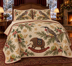 Wattlebird Kiwi Rocking Echidna quilt and two matching bird shams flat printed red-wattled streaked bird brown spiny rocking echidna kiwis cranberry binding sewn channels folded reverse in Christmas bedroom.