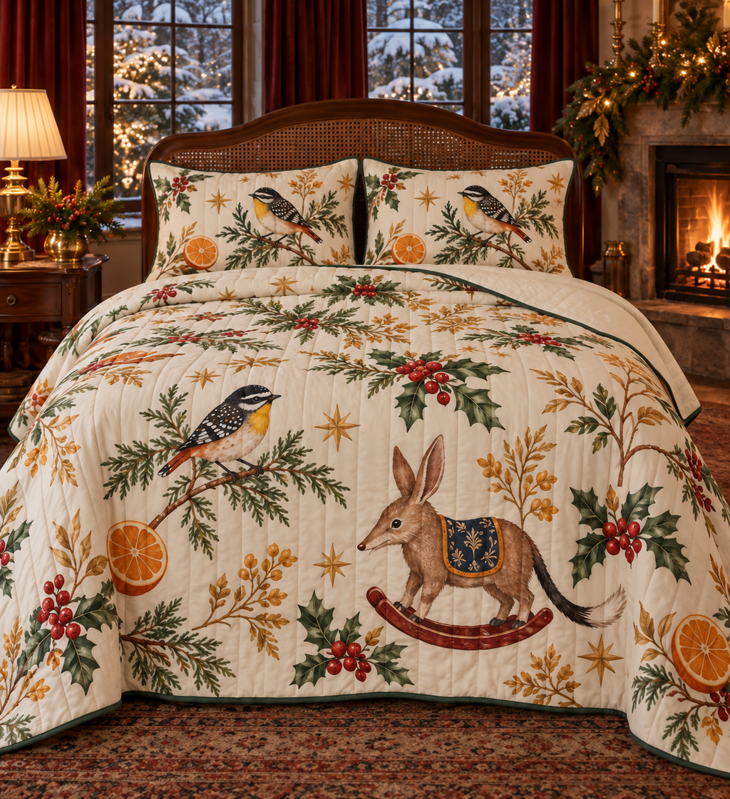 Pardalote Orange Rocking Bilby quilt and two matching bird shams flat printed white-spotted yellow-throat bird brown long-ear rocking bilby oranges green binding sewn channels folded reverse Christmas bedroom.