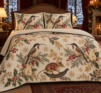 Spinebill Pear Rocking Dunnart quilt and two matching shams flat printed long curved-bill cinnamon gray birds brown rocking dunnart pears navy binding sewn channels folded reverse in Christmas bedroom.