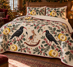Chough Quince Rocking Jerboa quilt and two botanical shams flat printed black red-billed birds tan long-ear rocking jerboa golden quince cranberry binding sewn channels folded reverse in warm Christmas bedroom.