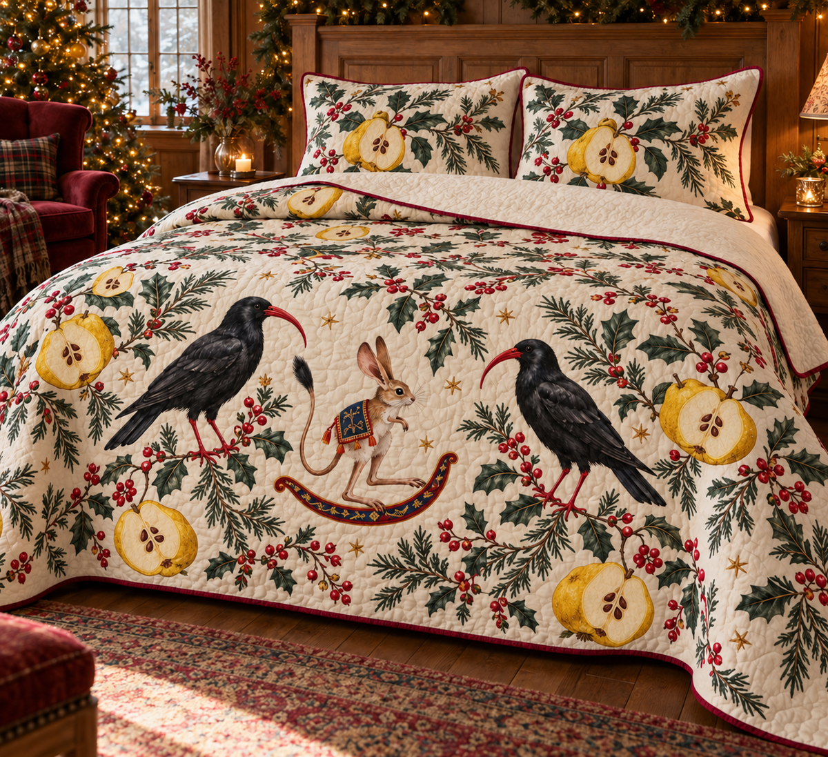 Chough Quince Rocking Jerboa quilt and two botanical shams flat printed black red-billed birds tan long-ear rocking jerboa golden quince cranberry binding sewn channels folded reverse in warm Christmas bedroom.
