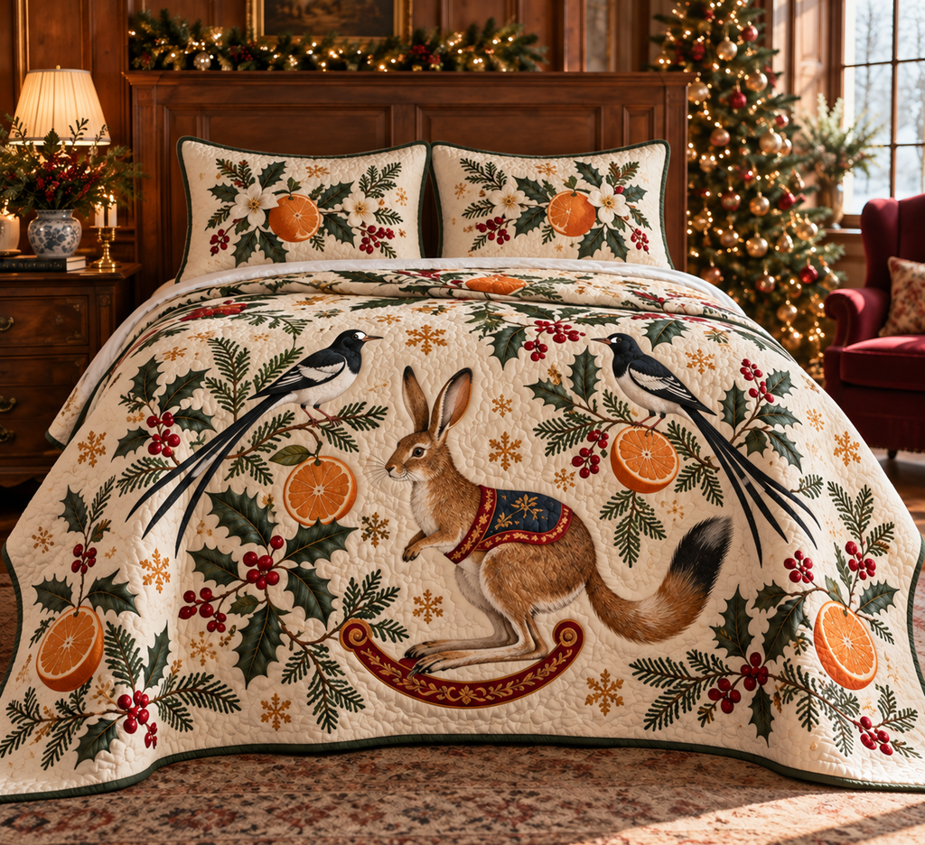 Forktail Orange Rocking Springhare quilt two botanical shams flat printed black white long-tailed birds brown long-ear rocking springhare oranges green binding sewn channels folded reverse in Christmas bedroom.