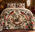 Minivet Fig Rocking Viscacha quilt two botanical shams flat printed black scarlet birds brown long-ear curled-tail rocking viscacha purple figs navy binding sewn channels folded reverse in Christmas bedroom.