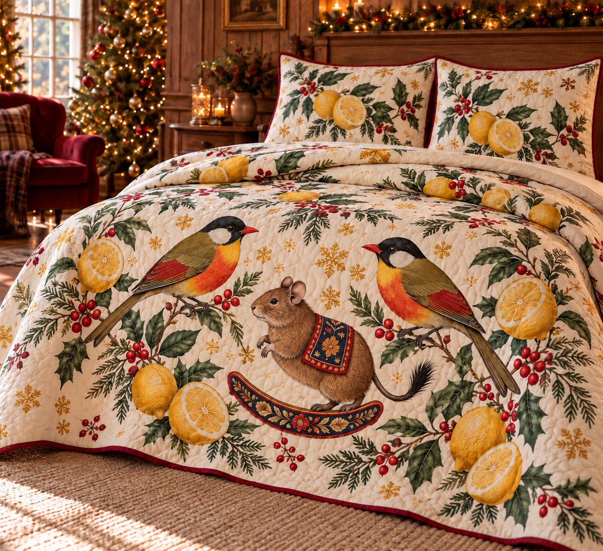 Mesia Lemon Rocking Degu quilt two botanical shams flat printed olive orange silver-eared birds brown brush-tail rocking degu lemons cranberry binding sewn channels folded reverse in warm Christmas bedroom.