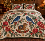 Nilgiri Pomegranate Rocking Pika quilt two botanical shams flat printed indigo blue flycatchers brown round-ear rocking pika pomegranates green binding sewn channels folded reverse in Christmas bedroom.