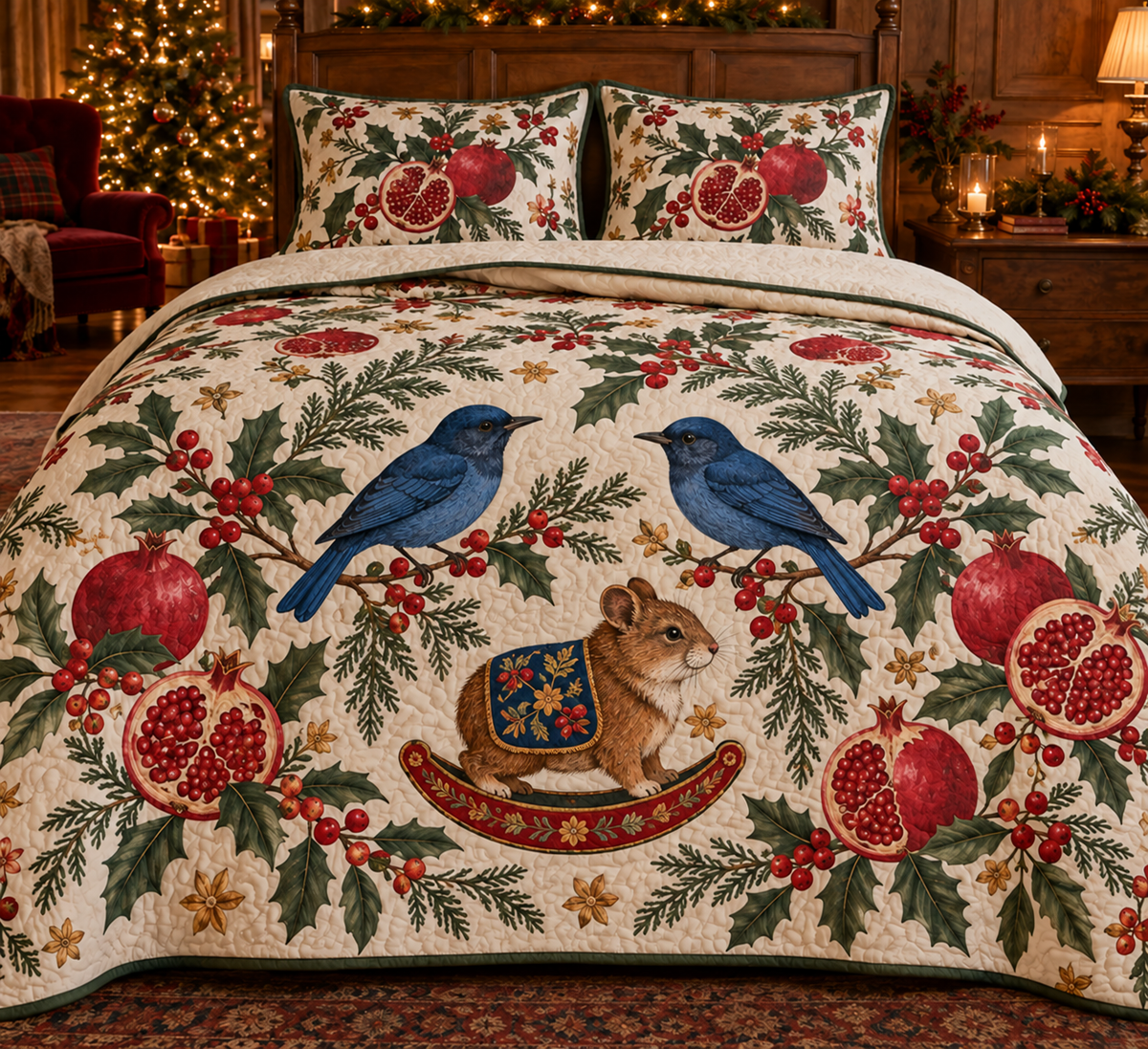 Nilgiri Pomegranate Rocking Pika quilt two botanical shams flat printed indigo blue flycatchers brown round-ear rocking pika pomegranates green binding sewn channels folded reverse in Christmas bedroom.