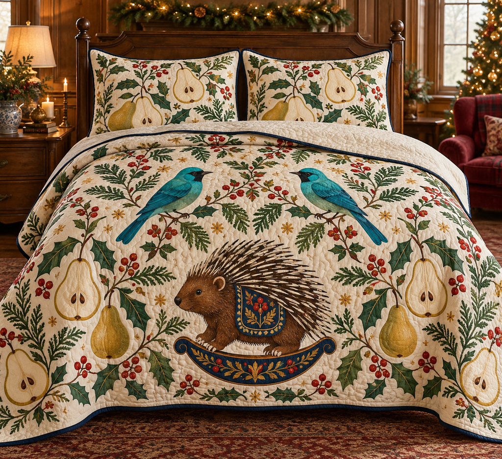Verditer Pear Rocking Porcupine quilt two botanical shams flat printed turquoise birds brown black cream quill rocking porcupine pears navy binding sewn channels folded reverse in Christmas bedroom.