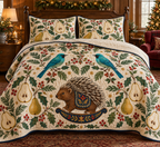 Verditer Pear Rocking Porcupine quilt two botanical shams flat printed turquoise birds brown black cream quill rocking porcupine pears navy binding sewn channels folded reverse in Christmas bedroom.