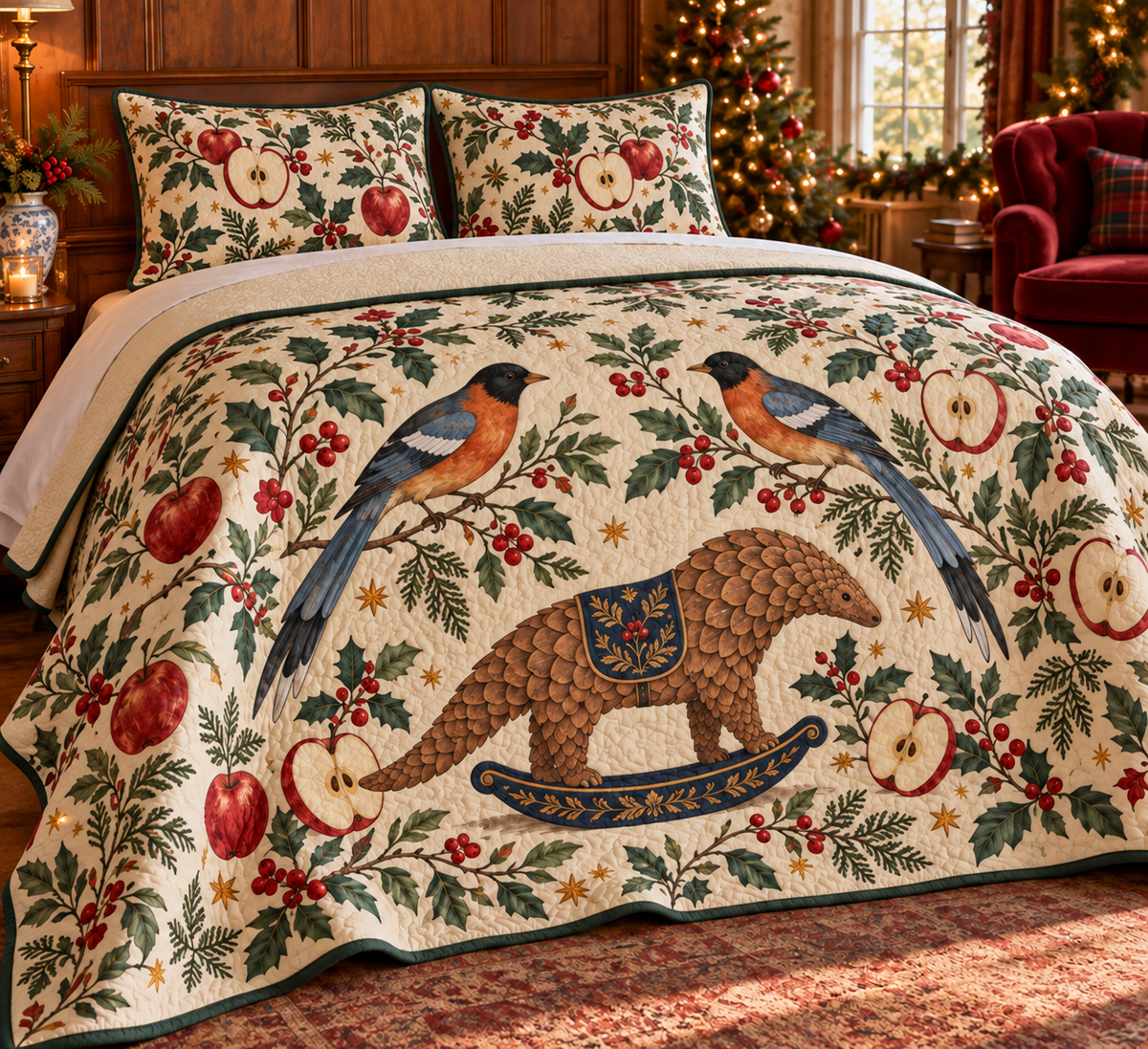 Sibia Apple Rocking Pangolin quilt two botanical shams flat printed black-cap cinnamon blue-gray birds brown scaled rocking pangolin apples green binding sewn channels folded reverse in Christmas bedroom.