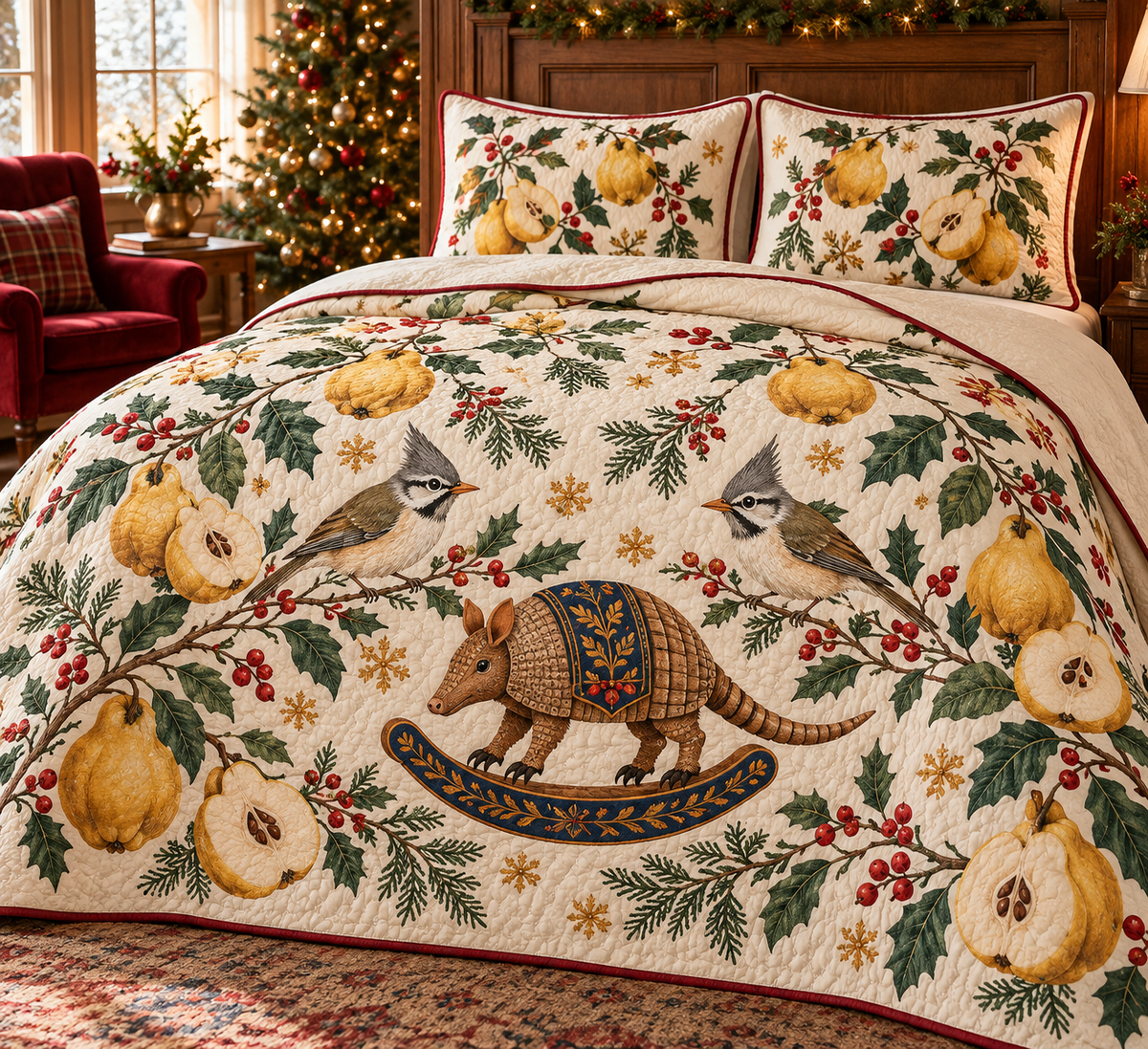 Yuhina Quince Rocking Armadillo quilt two botanical shams flat printed gray-crested whiskered birds brown armored rocking armadillo golden quince cranberry binding sewn channels folded reverse in Christmas bedroom.