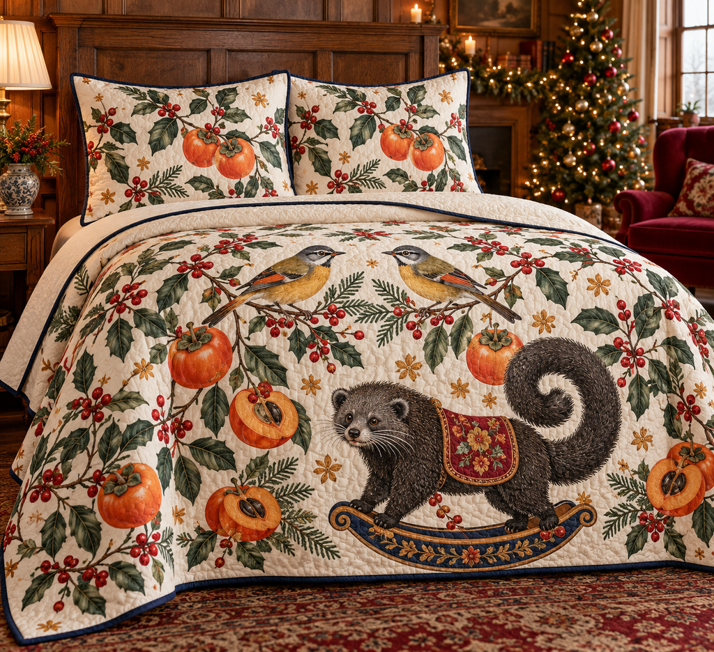 Fulvetta Persimmon Rocking Binturong quilt two botanical shams flat printed gray olive golden birds charcoal curled-tail rocking binturong persimmons navy binding sewn channels folded reverse in Christmas bedroom.