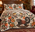 Fulvetta Persimmon Rocking Binturong quilt two botanical shams flat printed gray olive golden birds charcoal curled-tail rocking binturong persimmons navy binding sewn channels folded reverse in Christmas bedroom.