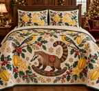 Iora Starfruit Rocking Coati quilt two botanical shams flat printed yellow olive black white-wing birds brown long-ringed-tail rocking coati starfruit green binding sewn channels folded reverse in Christmas bedroom.