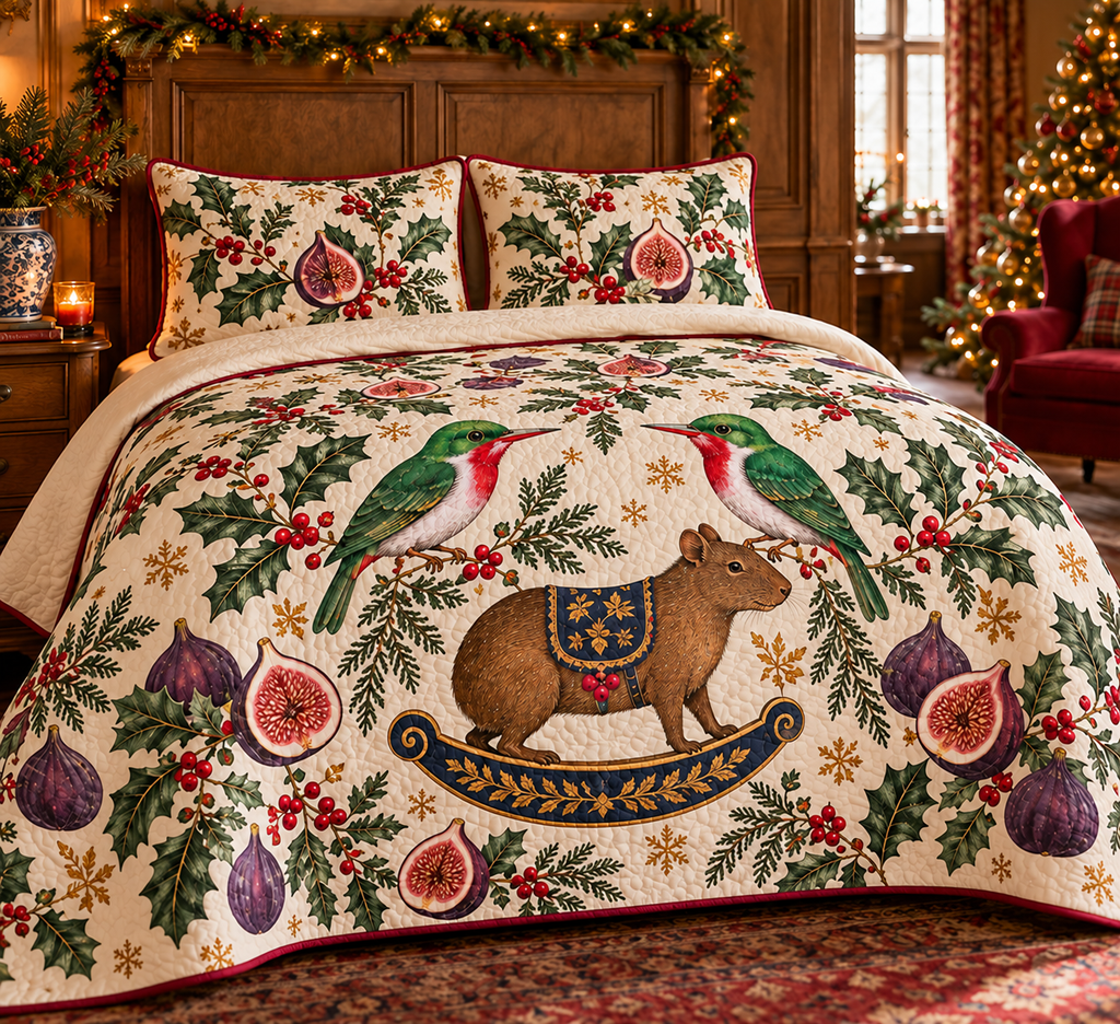 Tody Fig Rocking Agouti quilt two botanical shams flat printed emerald scarlet-throat red-bill birds brown tail-less rocking agouti purple figs cranberry binding sewn channels folded reverse in Christmas bedroom.