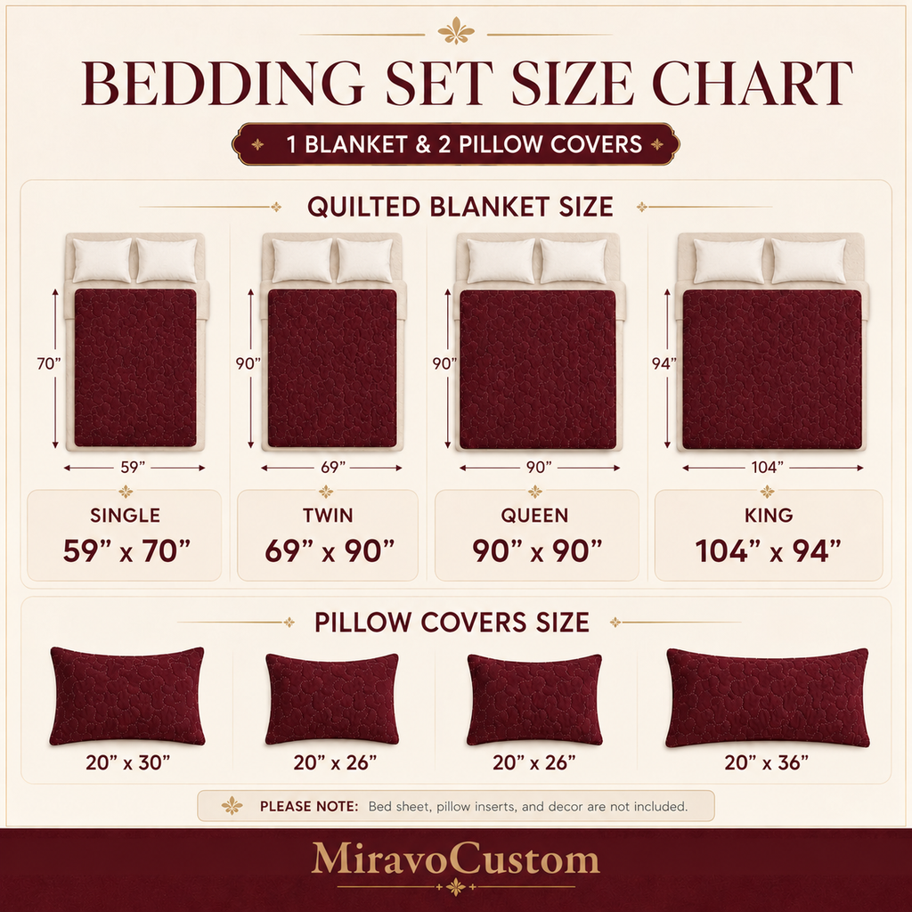 Quilted Bedding Set size chart: Single 59x70, Twin 69x90, Queen 90x90, King 104x94 inches