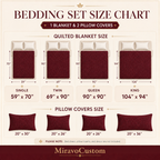 Quilted Bedding Set size chart: Single 59x70, Twin 69x90, Queen 90x90, King 104x94 inches