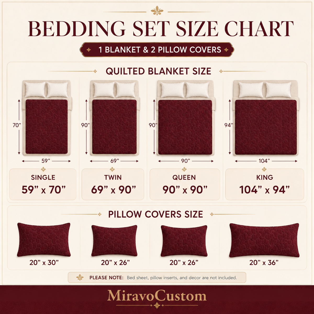 Quilted Bedding Set size chart: Single 59x70, Twin 69x90, Queen 90x90, King 104x94 inches