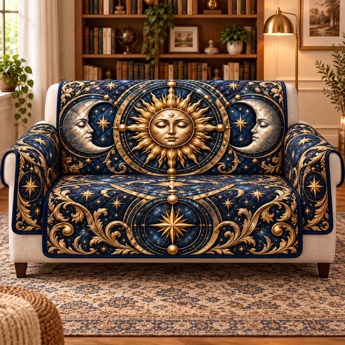 Sun and Moon Reading Nook Sofa Cover with flat printed optical 3D celestial artwork in a reading nook