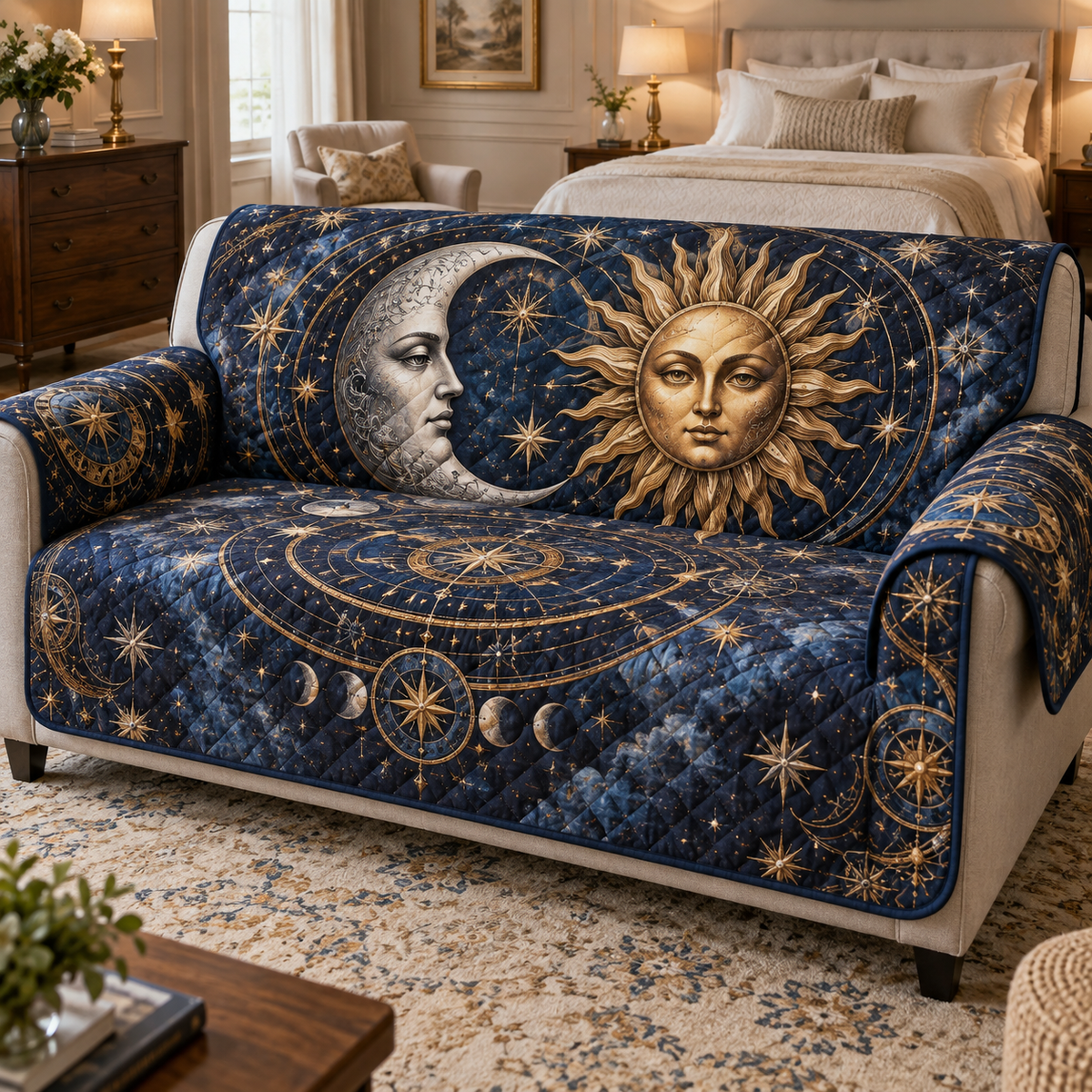 Sun and Moon Bedroom Lounge Sofa Cover with flat printed optical 3D celestial artwork in a bedroom setting