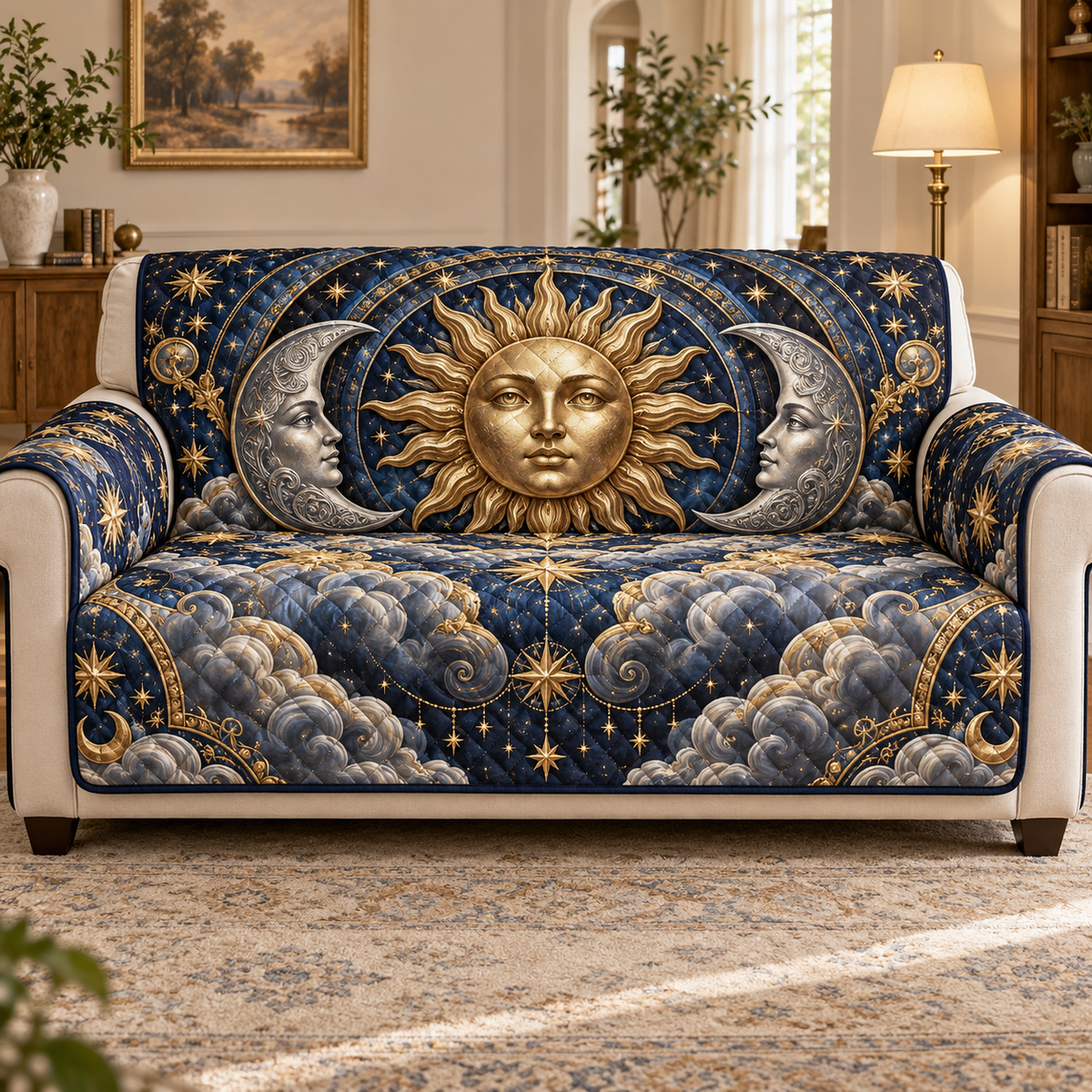 Sun and Moon Living Room Sofa Cover with flat printed optical 3D artwork in a living room setting