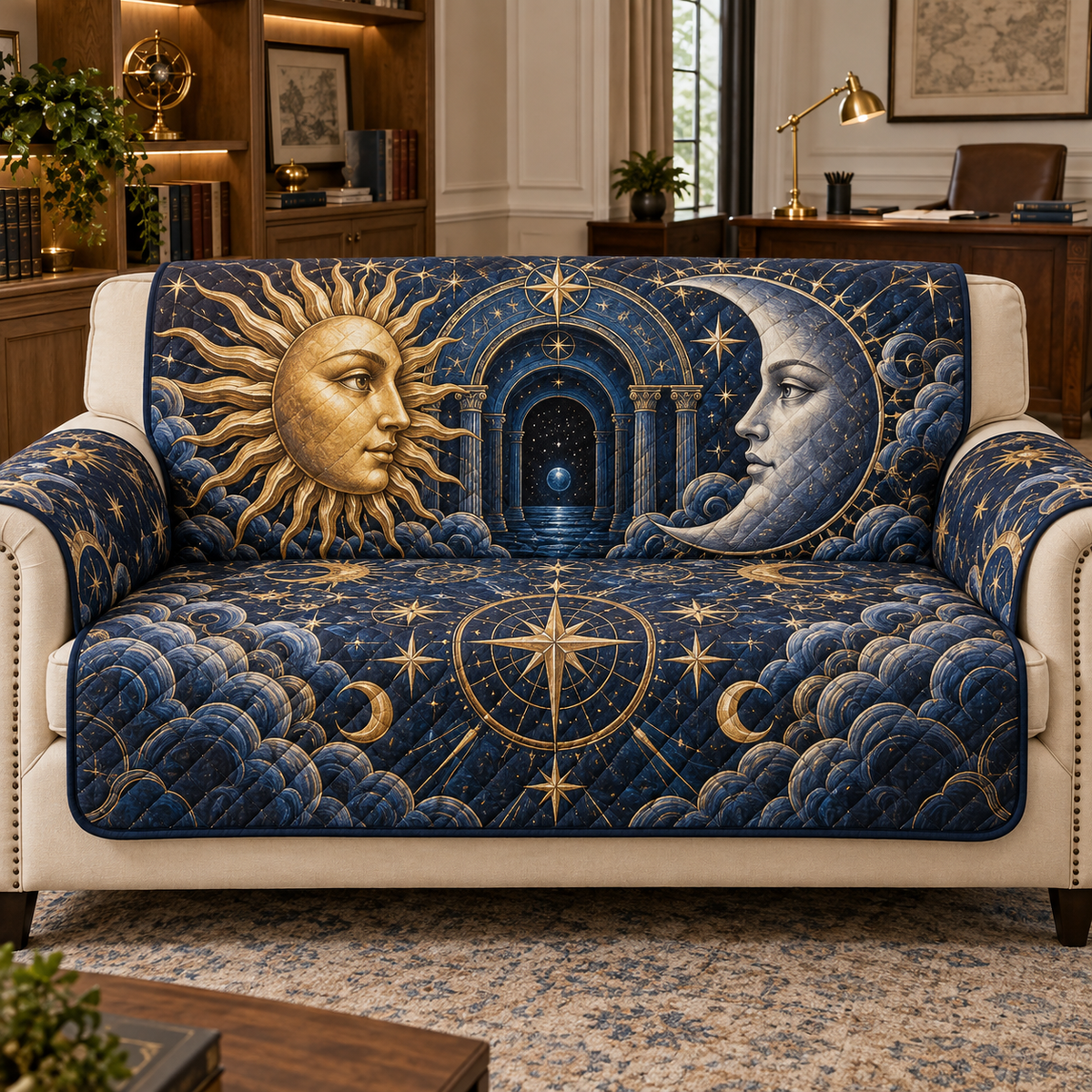 Sun and Moon Office Lounge Sofa Cover with flat printed optical 3D artwork in a home office setting