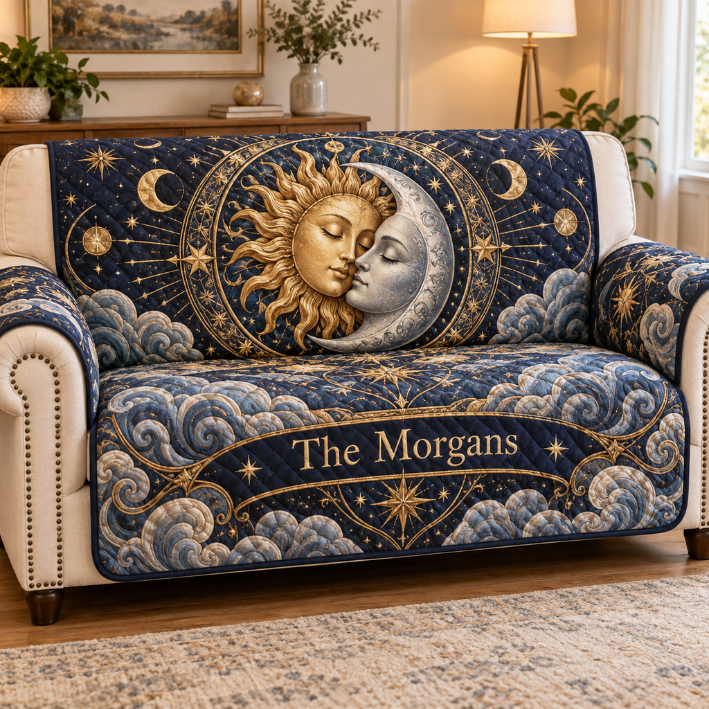 Personalized Sun and Moon Sofa Cover showing example name The Morgans printed within the celestial artwork