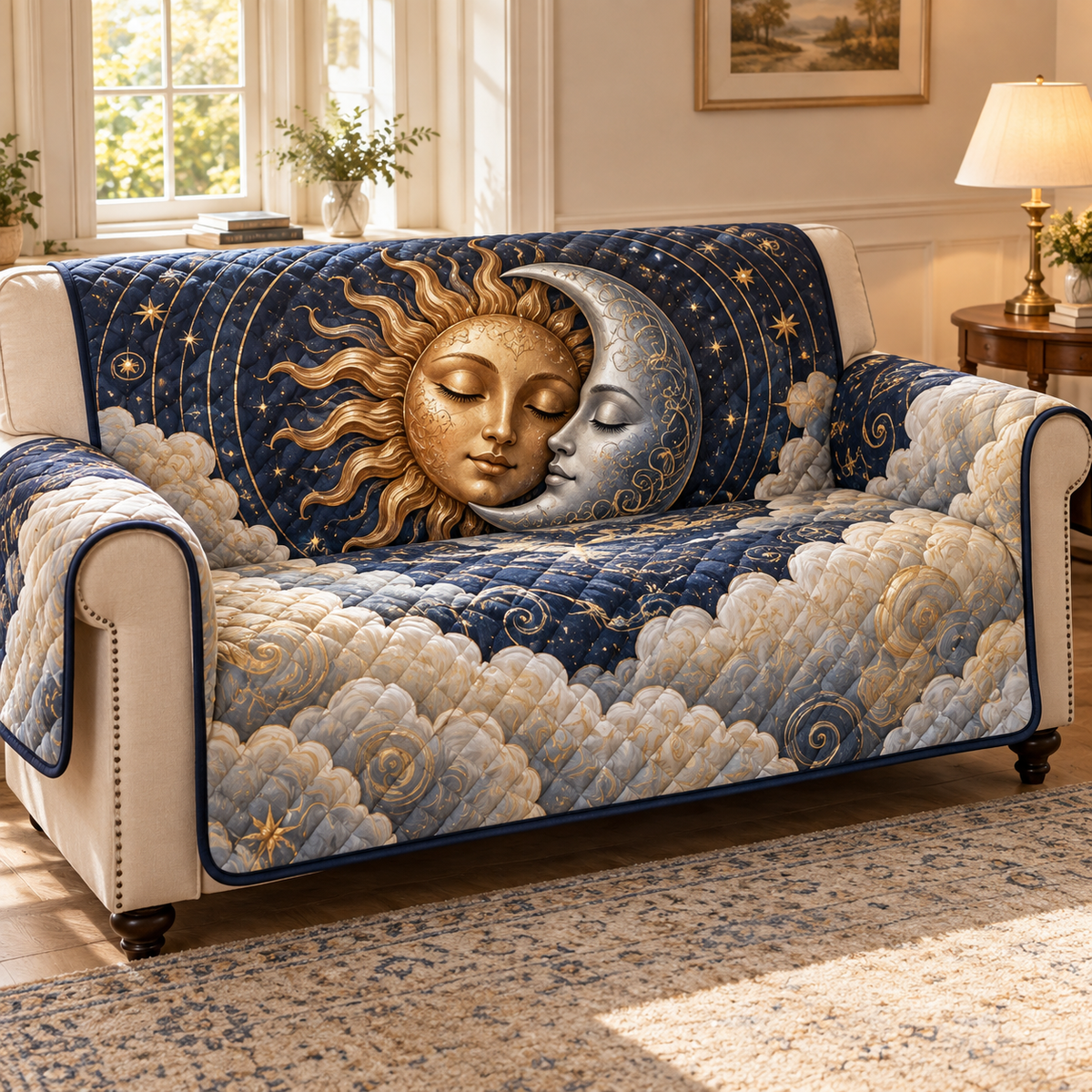 Sleeping Sun and Moon Quiet Corner Sofa Cover with flat printed optical 3D artwork in a peaceful quiet corner