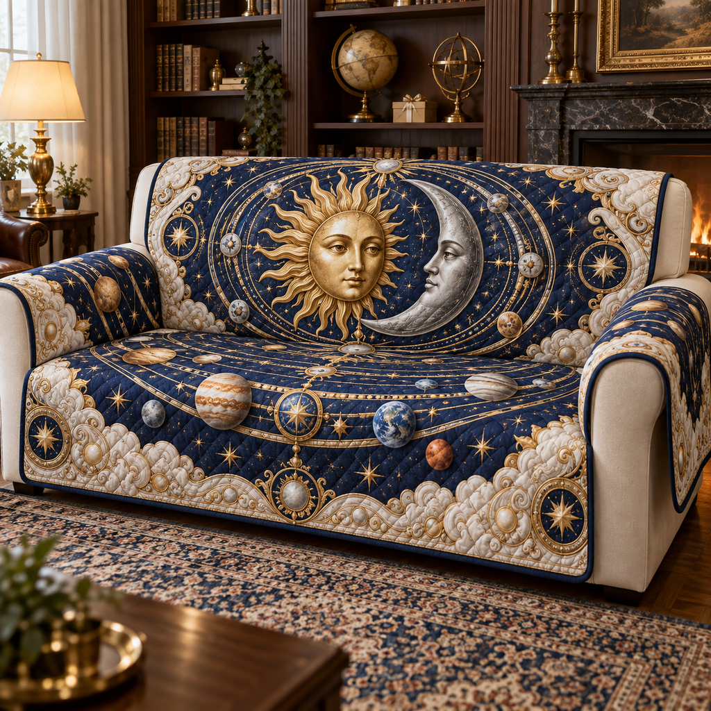 Sun and Moon Collector Orrery Sofa Cover with flat printed optical 3D celestial artwork in a collector room setting