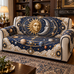 Sun and Moon Collector Orrery Sofa Cover with flat printed optical 3D celestial artwork in a collector room setting