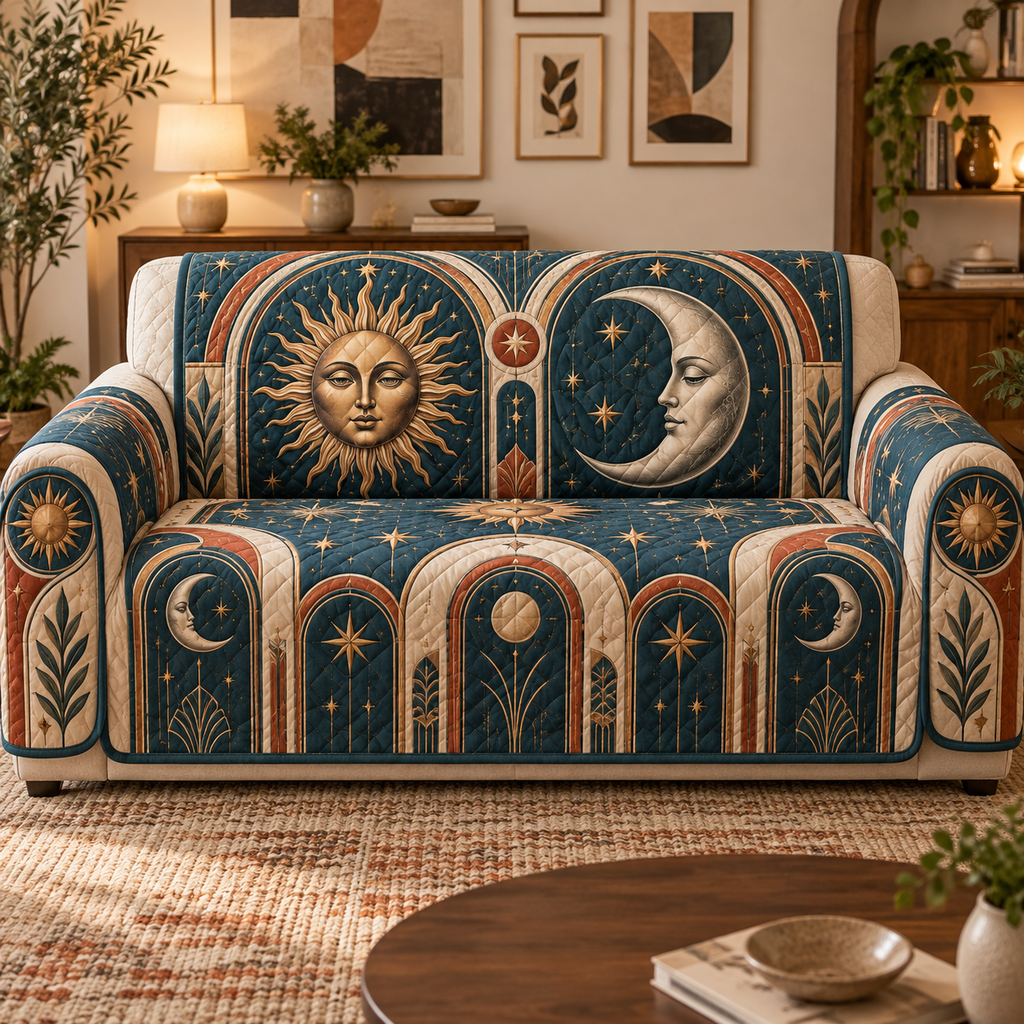 Sun and Moon Gallery Arches Sofa Cover with flat printed optical 3D artwork in teal and terracotta