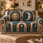 Sun and Moon Gallery Arches Sofa Cover with flat printed optical 3D artwork in teal and terracotta