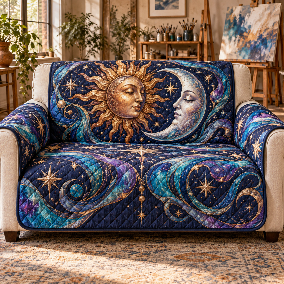 Sun and Moon Studio Swirls Sofa Cover with flat printed optical 3D copper sun and pearl moon artwork in blue and violet