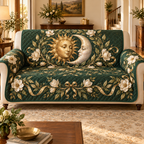 Sun and Moon Magnolia Laurel Sofa Cover with flat printed optical 3D celestial botanical artwork on emerald green