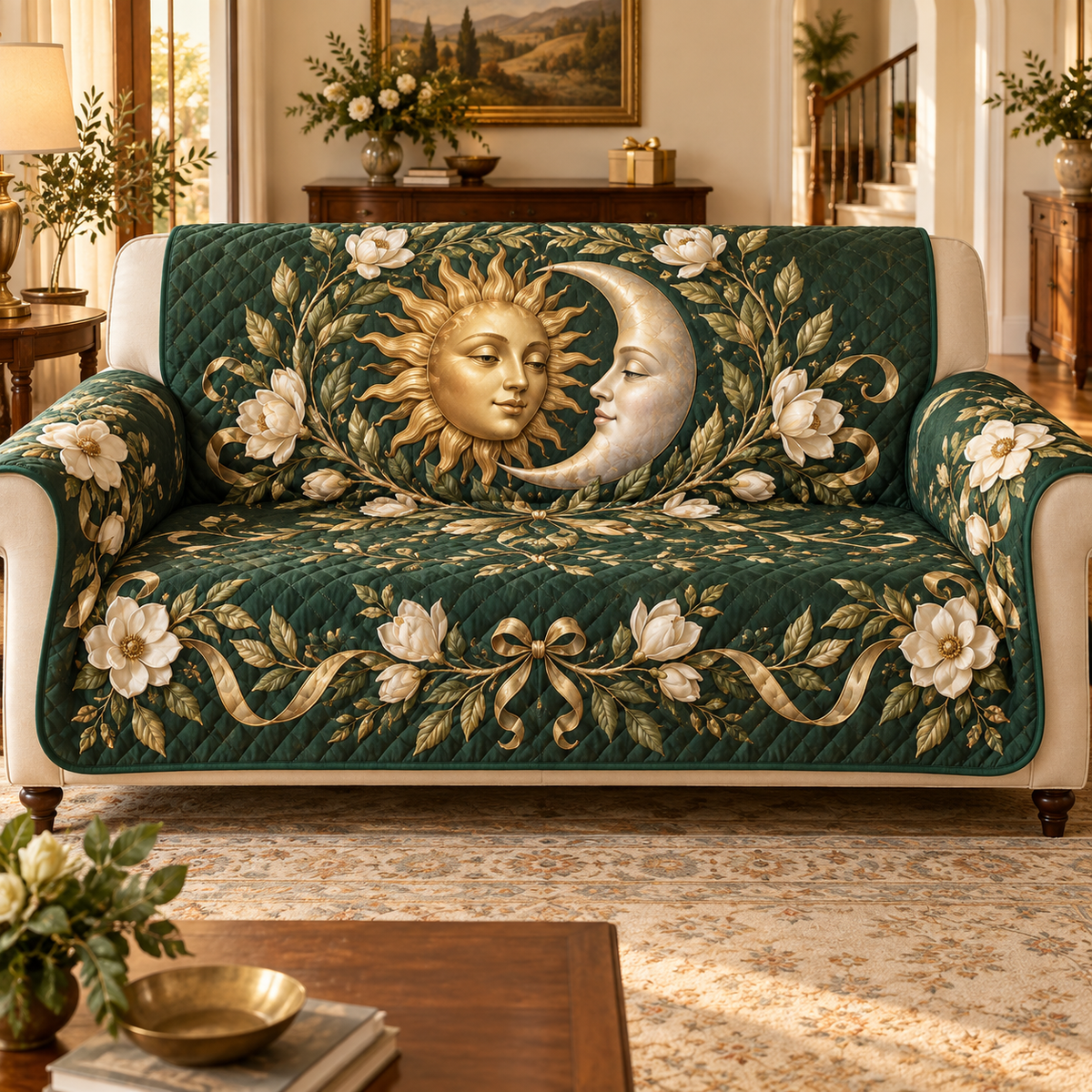 Sun and Moon Magnolia Laurel Sofa Cover with flat printed optical 3D celestial botanical artwork on emerald green