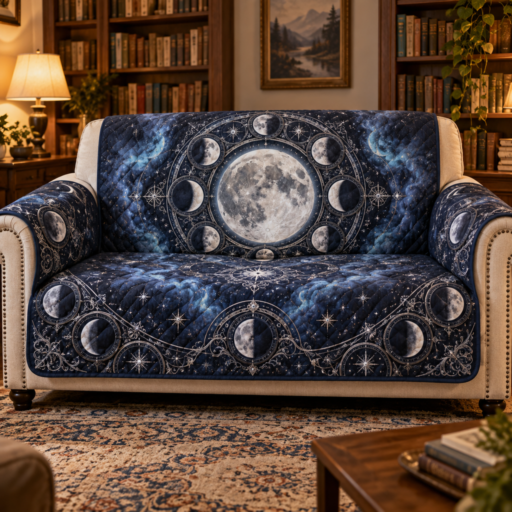 Moon Phase Reading Nook Sofa Cover with flat printed optical 3D silver lunar motifs on midnight indigo