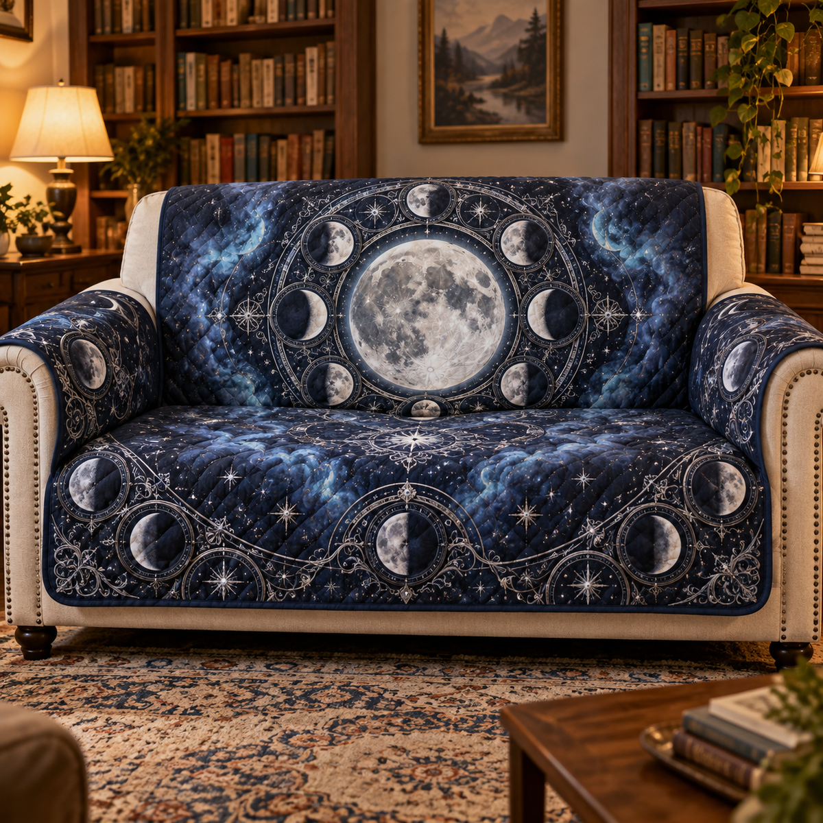 Moon Phase Reading Nook Sofa Cover with flat printed optical 3D silver lunar motifs on midnight indigo