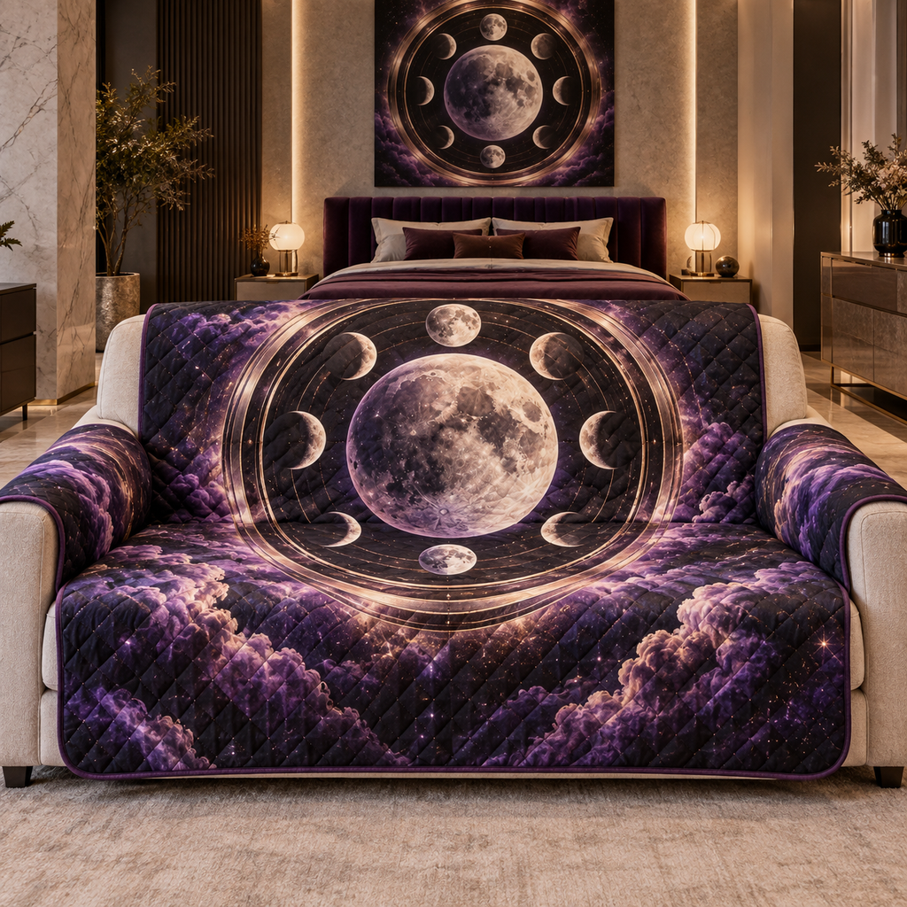 Moon Phase Violet Eclipse Sofa Cover with flat printed optical 3D lunar rings and violet clouds
