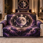 Moon Phase Violet Eclipse Sofa Cover with flat printed optical 3D lunar rings and violet clouds