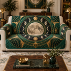 Moon Phase Emerald Deco Sofa Cover with flat printed optical 3D lunar rings and emerald Art Deco details
