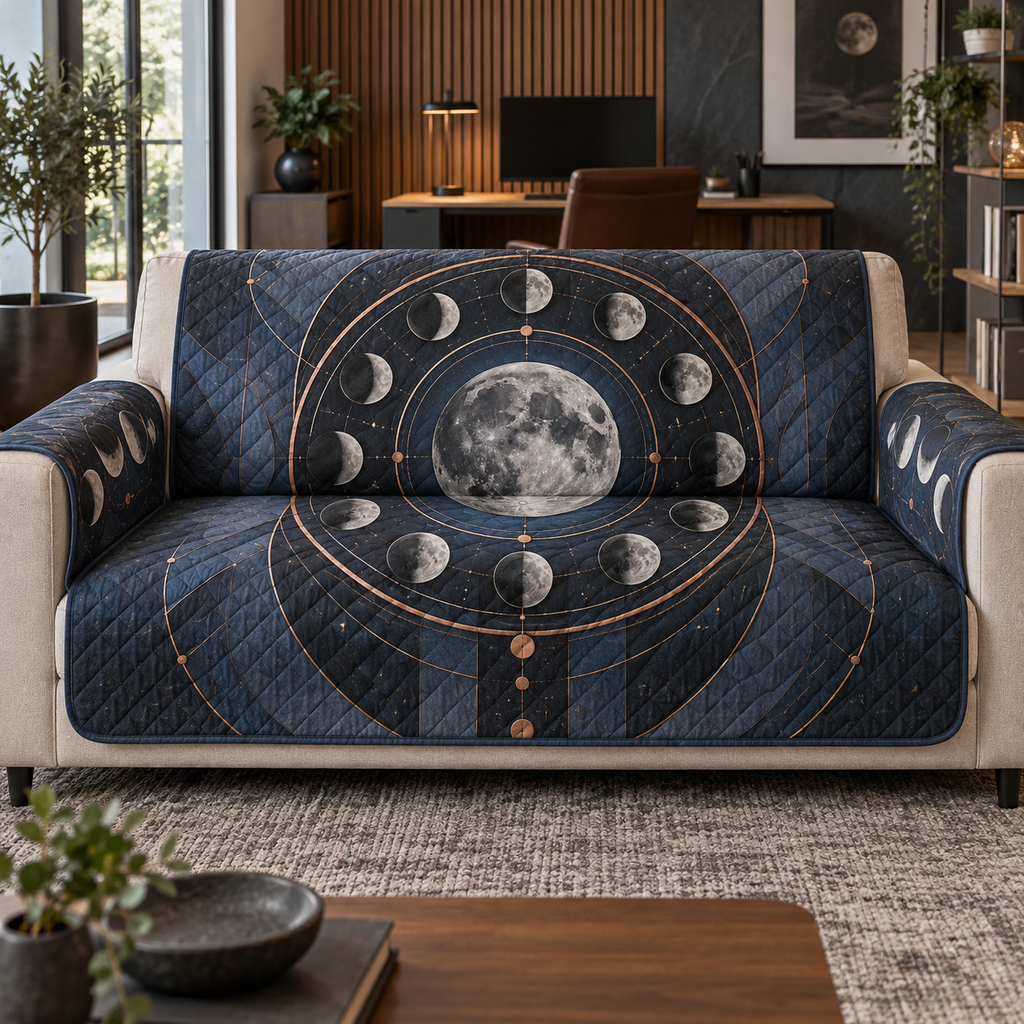 Moon Phase Slate Observatory Sofa Cover with flat printed optical 3D lunar motifs and copper-colored orbital lines