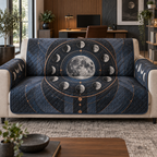 Moon Phase Slate Observatory Sofa Cover with flat printed optical 3D lunar motifs and copper-colored orbital lines