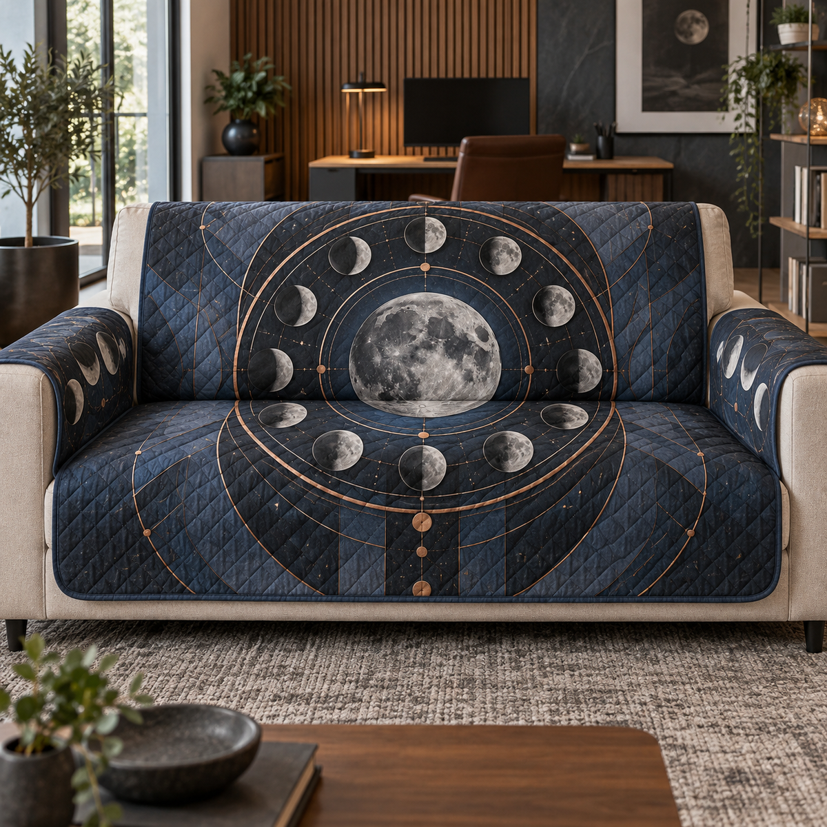 Moon Phase Slate Observatory Sofa Cover with flat printed optical 3D lunar motifs and copper-colored orbital lines