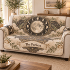 Personalized Moon Phase Sofa Cover with printed optical 3D lunar artwork and example name The Parkers
