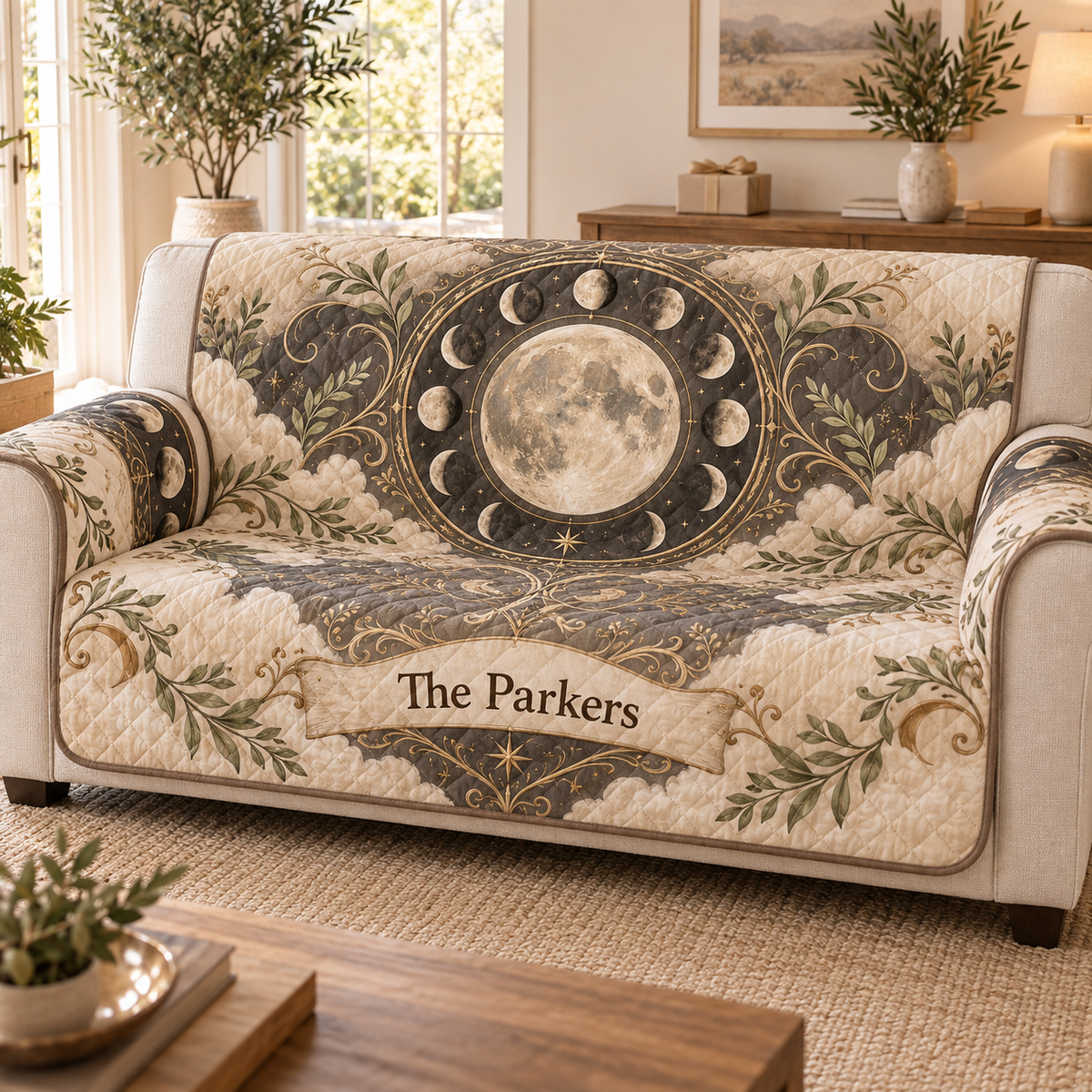 Personalized Moon Phase Sofa Cover with printed optical 3D lunar artwork and example name The Parkers