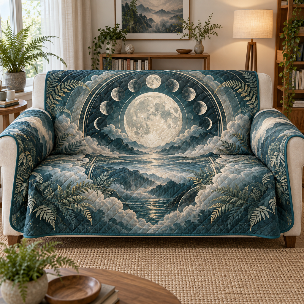 Moon Phase Mist Fern Sofa Cover with flat printed optical 3D lunar motifs, mist clouds and ferns on teal