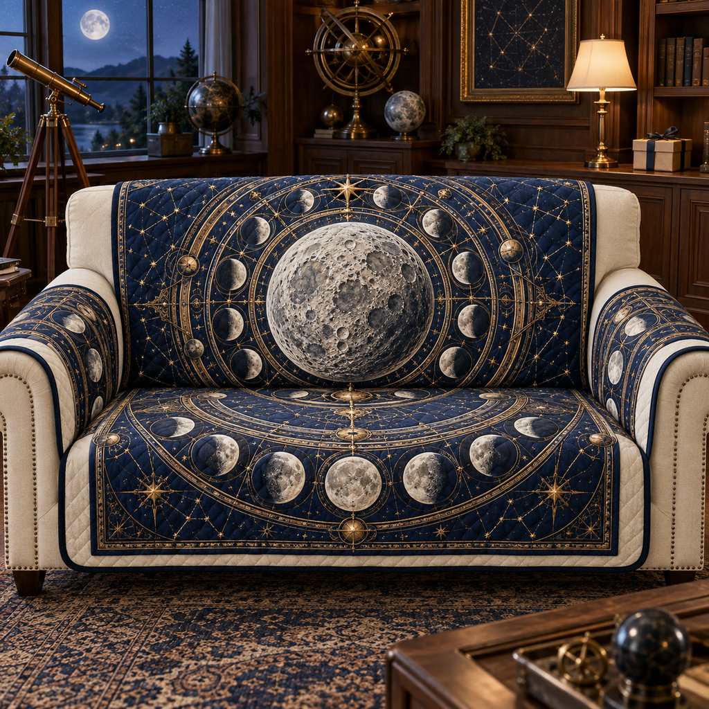 Moon Phase Collector Armillary Sofa Cover with flat printed optical 3D lunar motifs and bronze-colored rings on sapphire navy