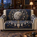 Moon Phase Collector Armillary Sofa Cover with flat printed optical 3D lunar motifs and bronze-colored rings on sapphire navy