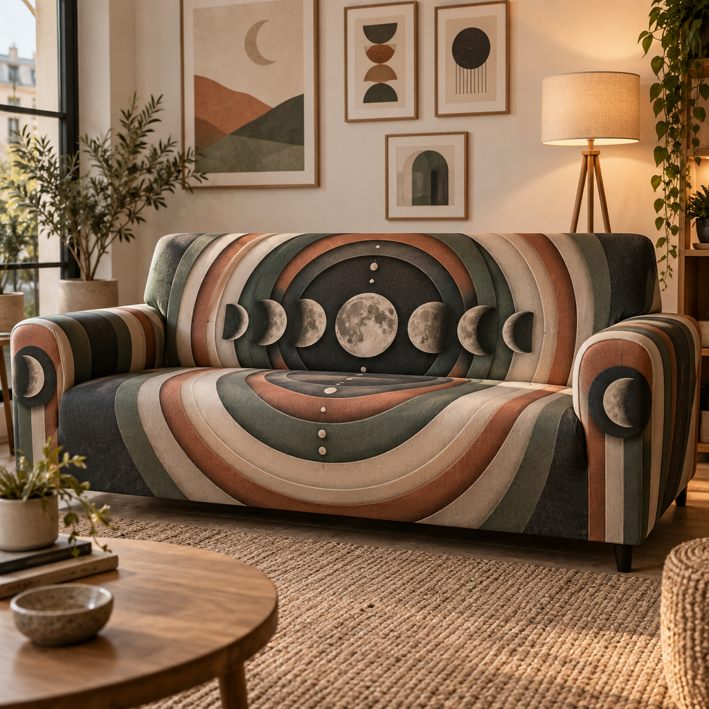 Moon Phase Apartment Gallery Sofa Cover with flat printed optical 3D lunar discs and layered arches in terracotta, sage, cream and charcoal