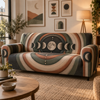 Moon Phase Apartment Gallery Sofa Cover with flat printed optical 3D lunar discs and layered arches in terracotta, sage, cream and charcoal